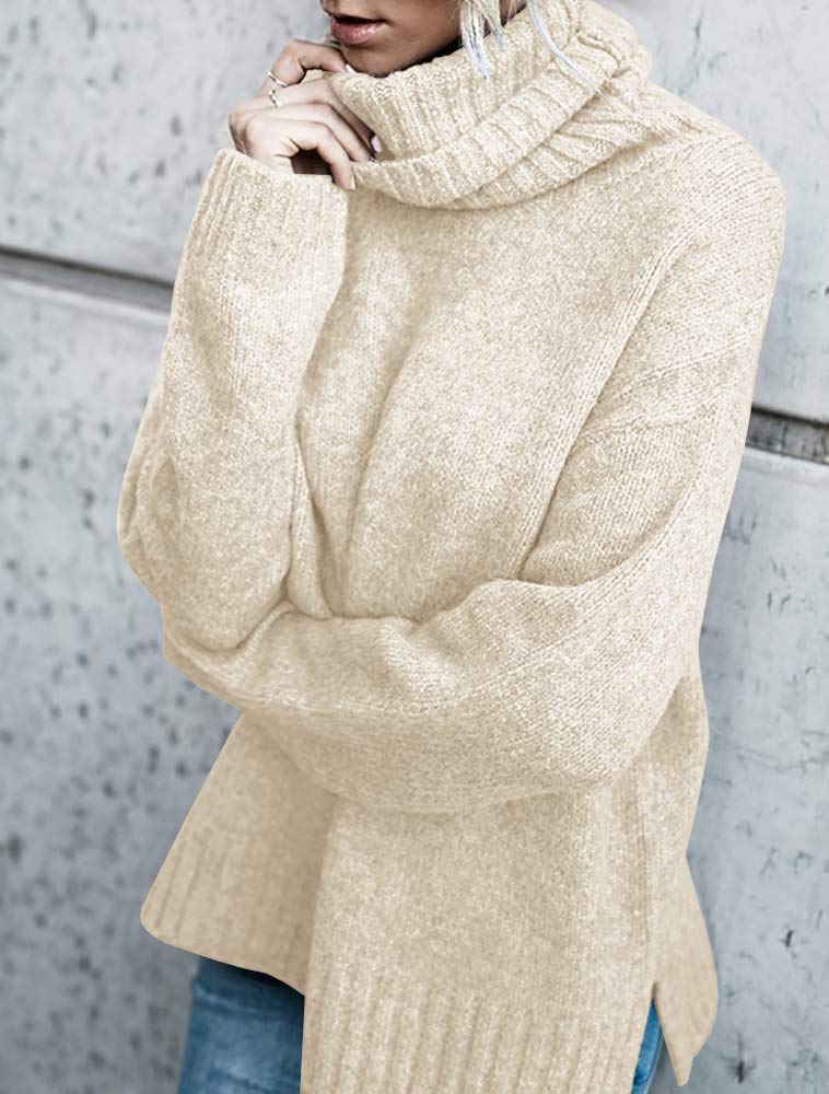 FISACE Womens Oversized Turtleneck Pullover Sweater Cable Knit Long Sleeve Sweater Tops A-Beige - Image 3
